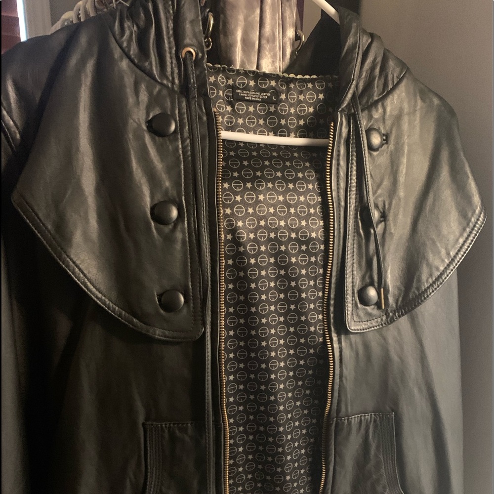 Genuine leather coat with hood